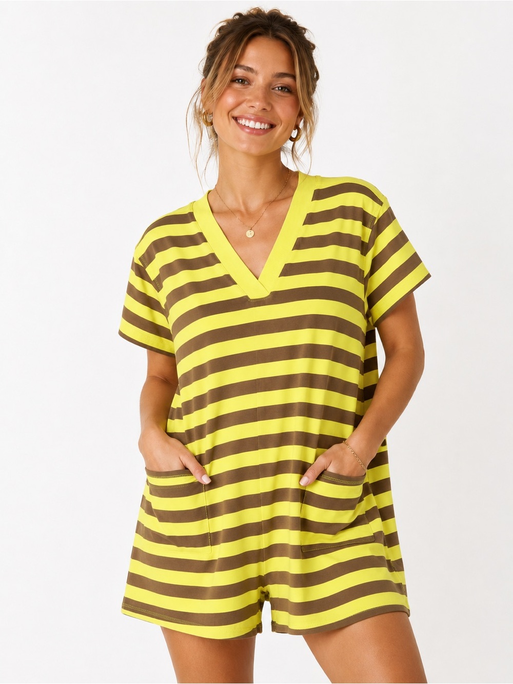 Striped V-Neck Terry Romper in Lime and Brown